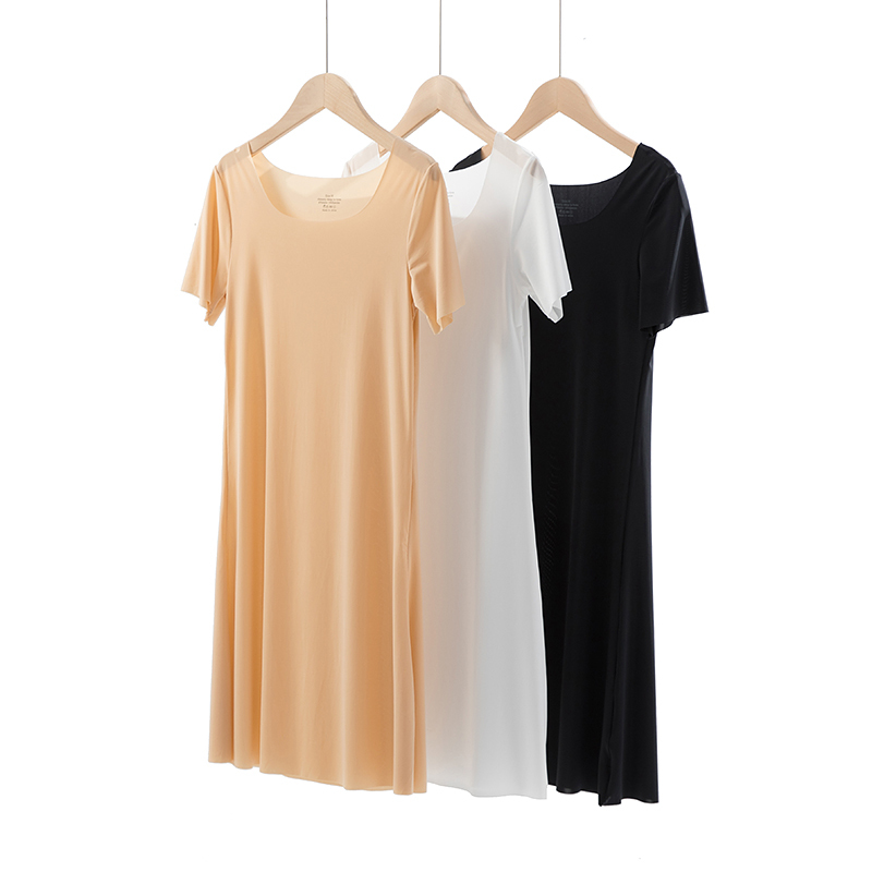 Ice Silk Anti-See-Through Slip Dress, Thin Lining Dress, Base Dress, Mid-Length Short-Sleeve Dress, Inner Wear to Prevent Exposure in Summer