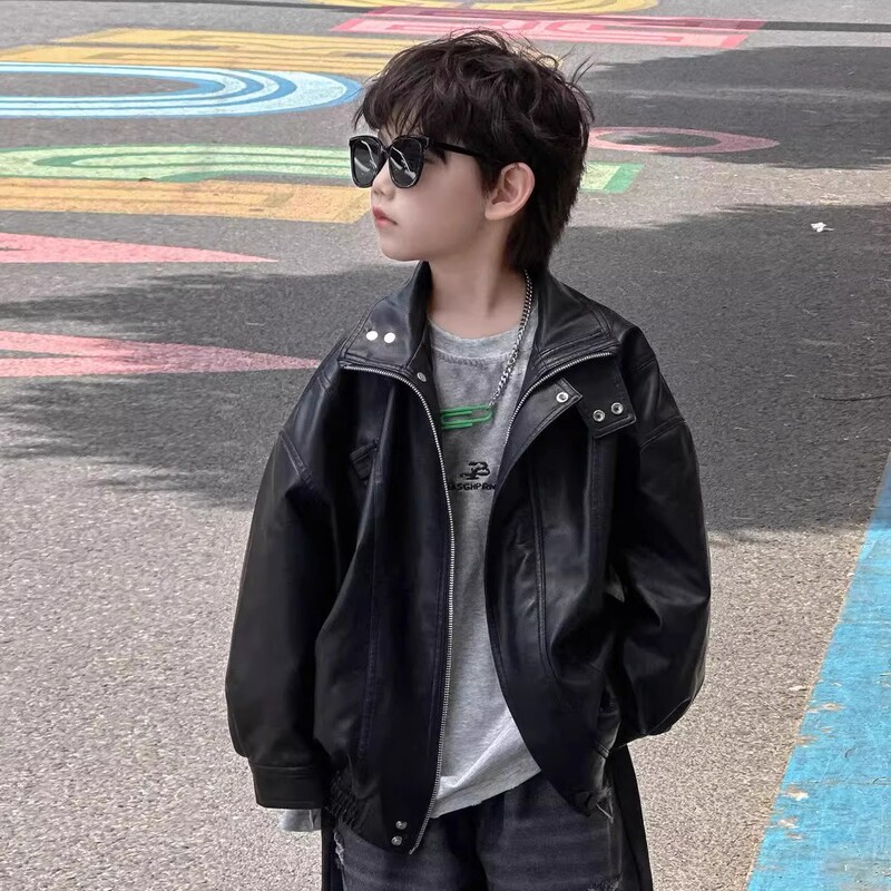French Uamtor Boys' Retro Leather Jacket 2026 Spring New Children's Bomber Jacket Cool Top
