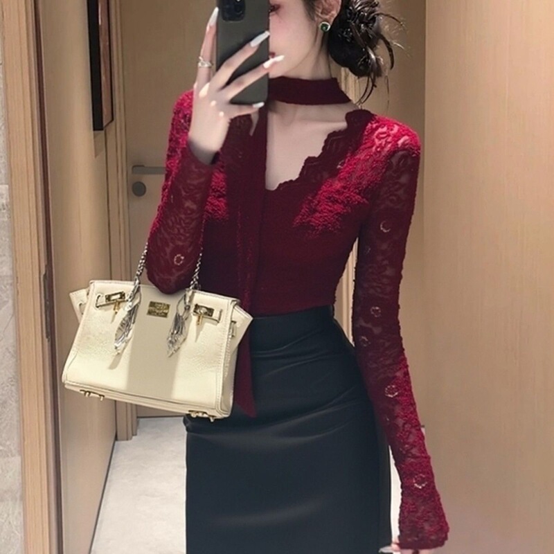 Autumn and Winter, Very Stylish and Sophisticated Tops with a Sense of Design, Hot Girl Style, High-End, Light Luxury, Age-Reducing, Trendy Burgundy Lace Shirt