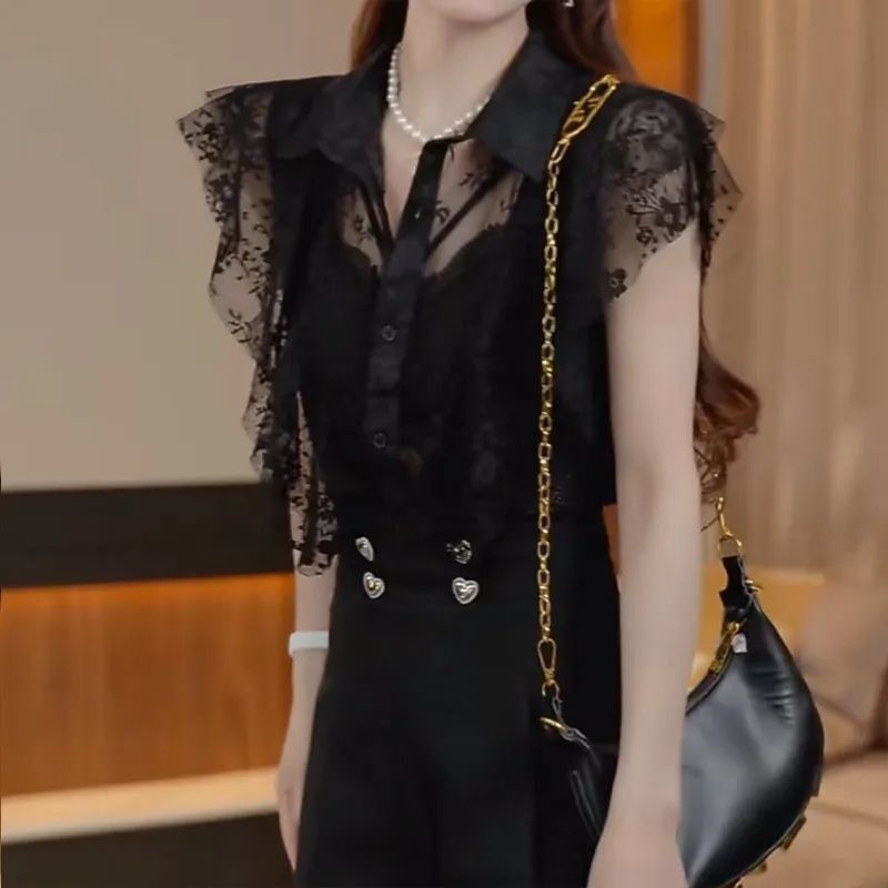 French-Style Blouse for Petite Women, Lace Patchwork Shirt, 2025 Spring/Summer New Design, Small Flutter Sleeves, Slightly Sheer Top French-Style Blouse for Petite Women, Lace Patchwork Shirt, 2025 Spring/Summer New Design, Small Flutter Sleeves, Slightly Sheer Top