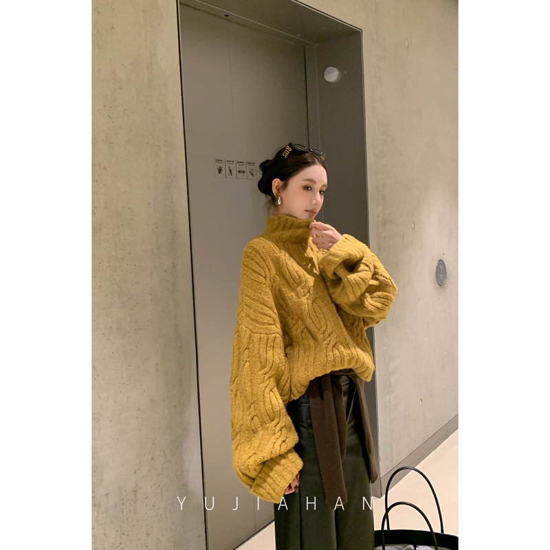 Yujiahan "Sheep Wool" Slimming Retro Cable Knit Pullover Sweater for Women Autumn + High-End Black Leather Pants Yujiahan "Sheep Wool" Slimming Retro Cable Knit Pullover Sweater for Women Autumn + High-End Black Leather Pants