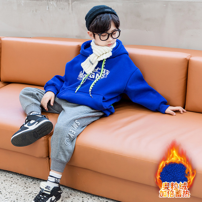 Boys' thickened thick cotton T autumn style 2022 new children's Western style fried street spring and autumn middle and large children's all-in-one velvet hooded top