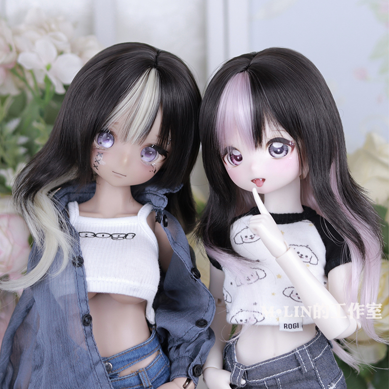 【Mlin's Studio】Three-Point Bjd Wig, 3-Point Doll Wig Made of High-Temperature Fiber with Color Highlights, Long Curly Hair, Mdd Bear Egg