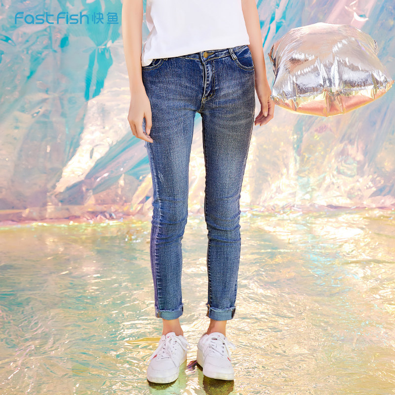 Fast fish jeans female 2019 spring new nine pants washed hair edge chic Korean version of the tide fashion slim pants