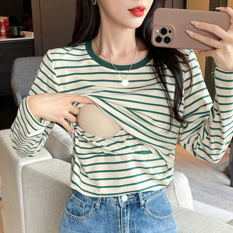Nursing Tops for Going Out, Trendy Mom Style for Spring and Summer, Postpartum Trendy Mom Tops, Zipless Striped Pure Cotton Nursing Undershirts
