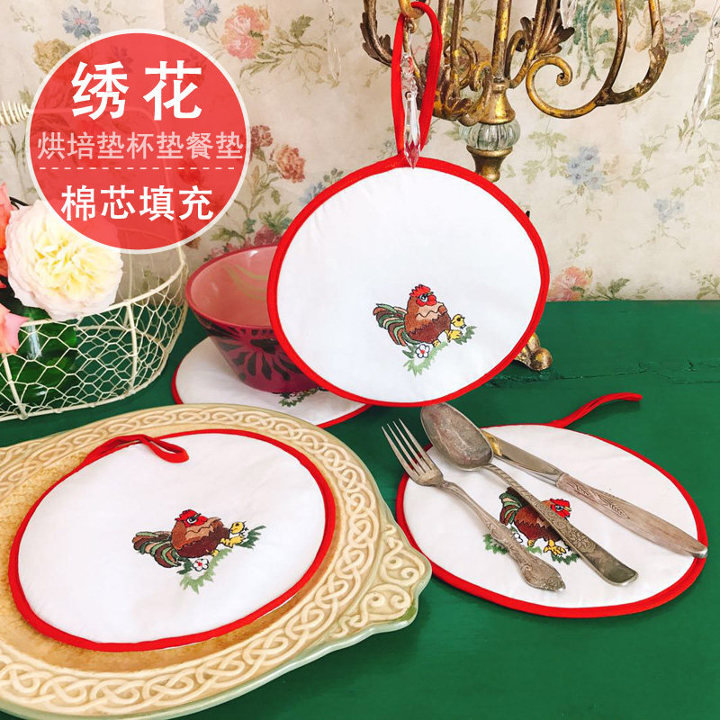 Micro Flawless Sell Foreign Trade Tail Pure Cotton Cloth Art Embroidered Jacket Cotton Baking Heat Insulation Cushion Bowl Cushion Tray Cushion Cup Cushion Small Pendant