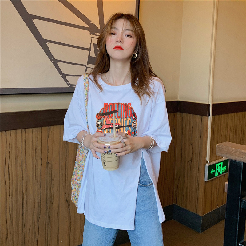 2022 Summer New Pure Cotton Short Sleeve T-Shirt Woman Loose Korean version with long version irregular open fork half sleeve blouses