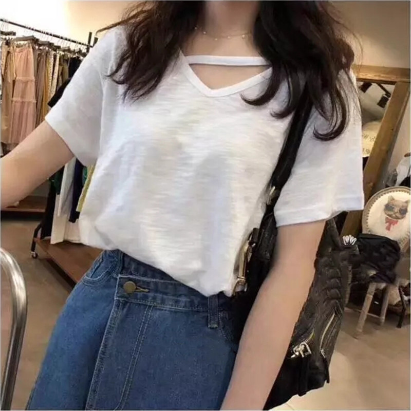 Bamboo Festival Cotton Short Sleeve T-shirt Woman 2022 Summer New Korean version V collar 100 Loose Large Size Pure Color T-shirt Blouses