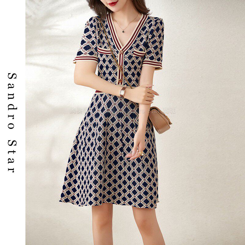 Sandro Blanca high-end small fragrant wind knit ocean dress female summer temperament ice silk collection waist display slim plaid dress