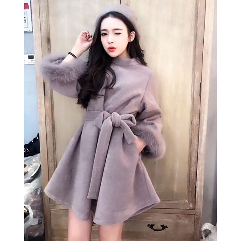 Còng len dày lông cáo viền lông đầm khí hậu mùa thu và mùa đông retro eo dài thời trang váy áo khoác dạ dài nữ