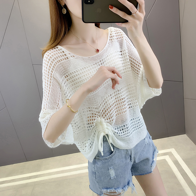 Short Sleeve Thin Summer Top with Drawstring, Ice Silk Blouse, Hollow-Out Design, Paired with a Slip Dress Cover-Up, New 2026 Style for Women