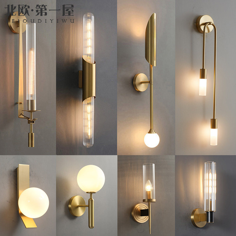 Postmodern full copper light extravagant wall lamp minimalist bedroom bedside headlights Living room Background wall Nordic Personality Hotel Wall Lights-Taobao