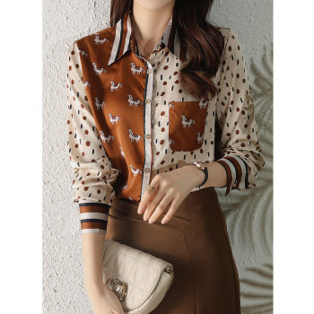 2022 new chic silky satin long-sleeved printed top women's fashion high-end retro contrast color shirt