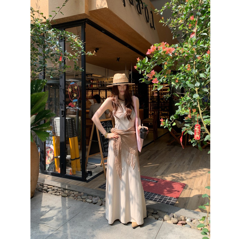 Good Lady 209 Vacation Style Sleeveless Cutout Long Dress for Women Summer with Tassel Triangle Scarf Tank Dress Set