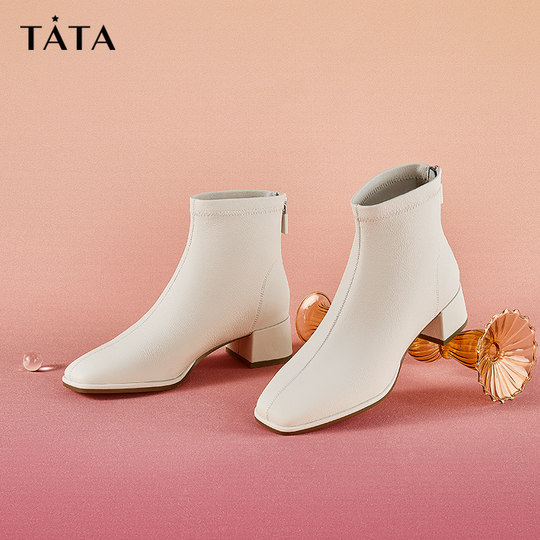 Tata her white elastic fashion boots thick heel short boots autumn and winter plus velvet slim boots women's boots 7AC48DD2