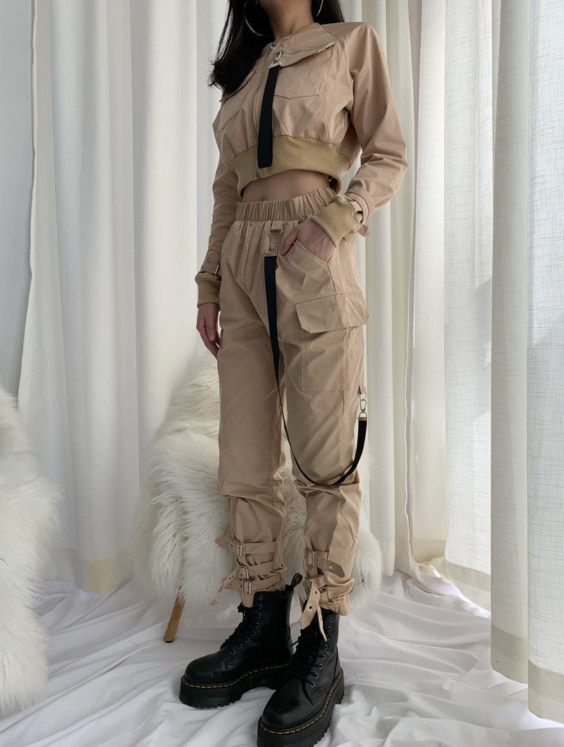 Two Piece Set Women Crop Top and Cargo Pants 2 piece set Bomber Jacket
