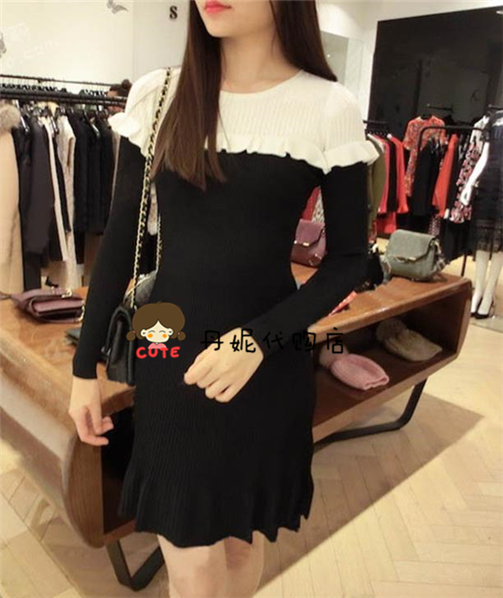 French sandro new ruffled black and white colorblock knitted long-sleeved slim dress