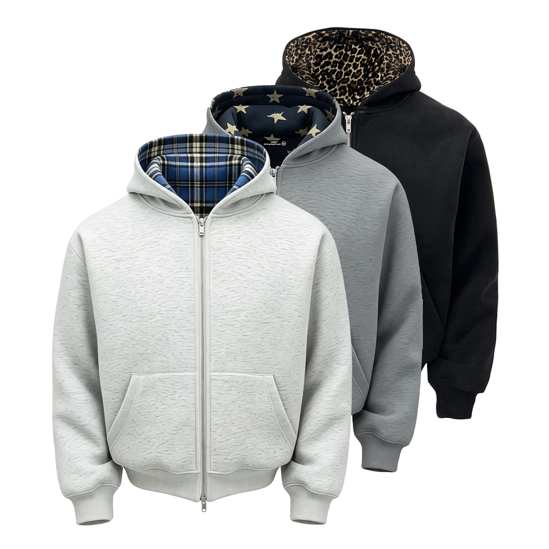 Dehz26Ss Color-Blocked Double-Zip Cleanfit Short Wide Cardigan Hoodie Sweatshirt Unisex Casual Jacket