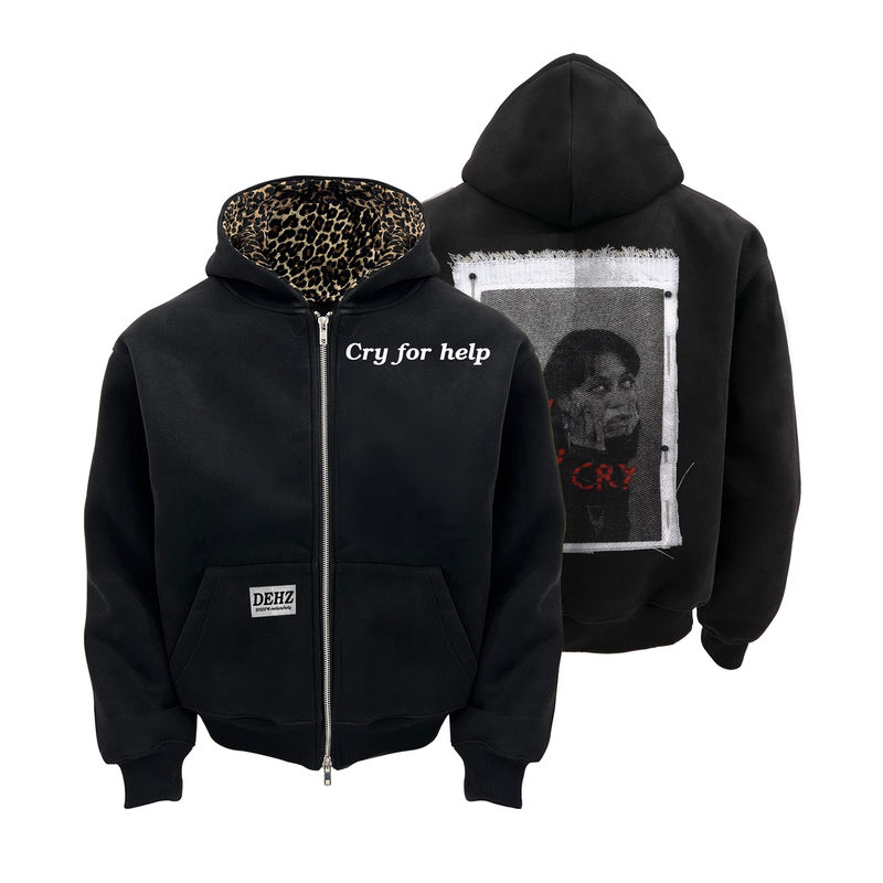 Dehz25Fw "Call for Help" Slogan Cleanfit Short Wide American Style Portrait Heavyweight Hoodie Cardigan Sweatshirt for Men and Women