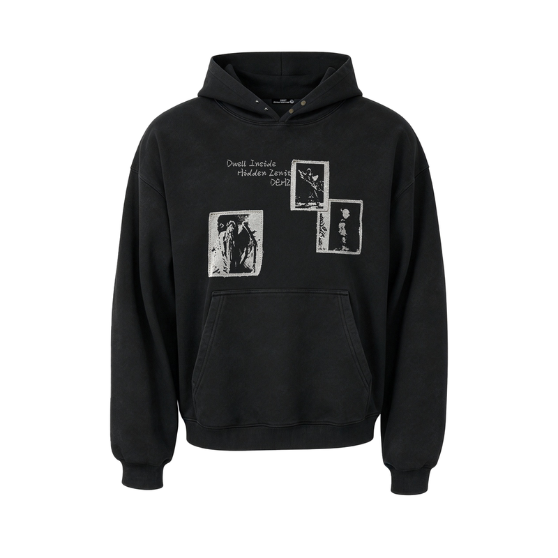 Dehz Vintage-Style Appliqué Print, Direct-To-Garment (Dtg) Printed, Cleanfit 420g Heavyweight Short and Wide Hooded Sweatshirt, Unisex Casual Streetwear