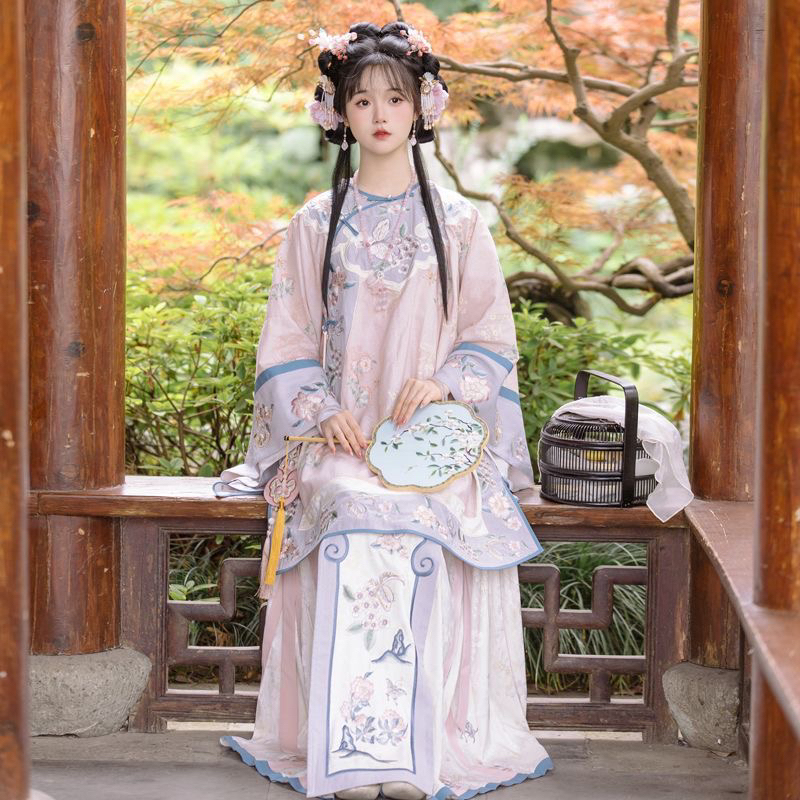 Original Hanfu for Women, Autumn Style, Elaborate Embroidery, Stand-Up Collar Dress, Ming-Style Print, Inverted Large Sleeves, Cheongsam, Qing Hanfu Full Set