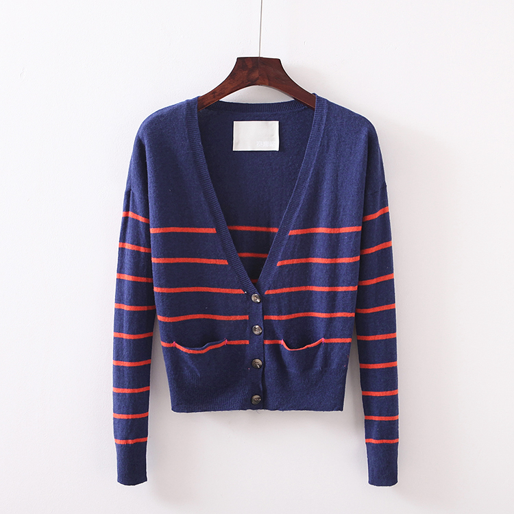 Hui Yi Ge Mùa xuân và mùa thu Nữ dài tay đan áo len ngắn cardigan Hàn Quốc áo sọc mỏng áo len mỏng áo khoác len cardigan