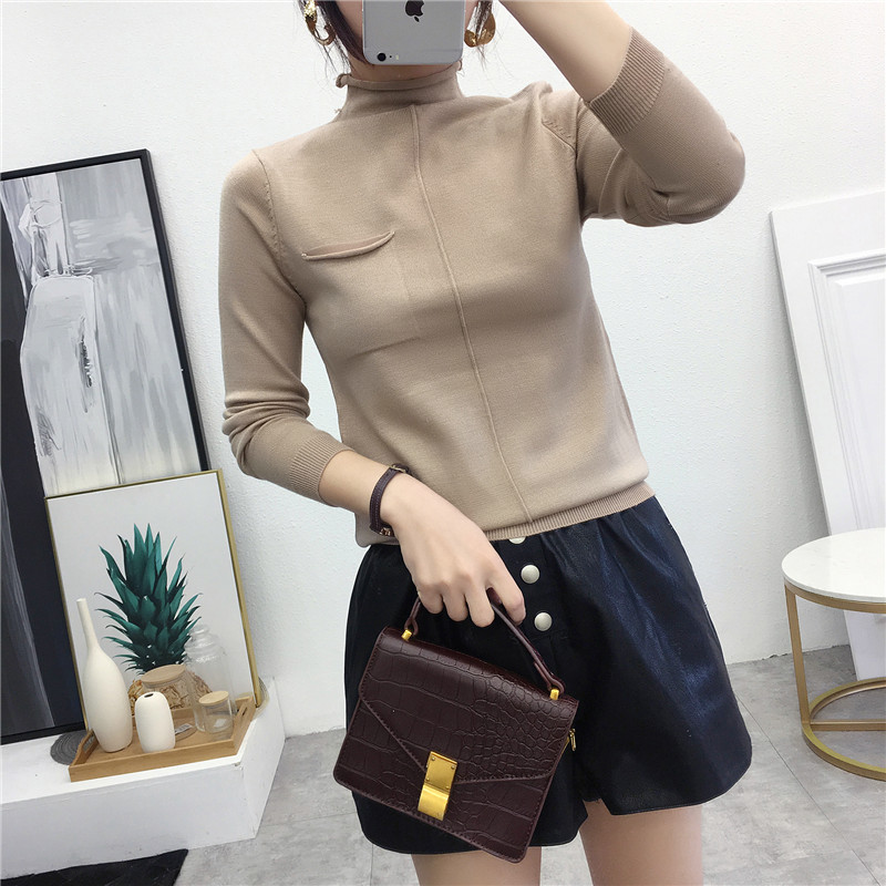Hui Yige mùa thu tay dài cổ cao áo len giản dị áo len hoang dã kéo dài màu rắn đáy quần áo phụ nữ áo nữ công sở