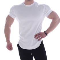 Muscle boy round neck T-shirt fitness clothes mens sports short-sleeved T-shirt elastic thin section arc hem slim top summer