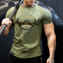 Muscle boy sports fitness short-sleeved mens European and American casual t-shirt stretch tight breathable top training compassionate summer