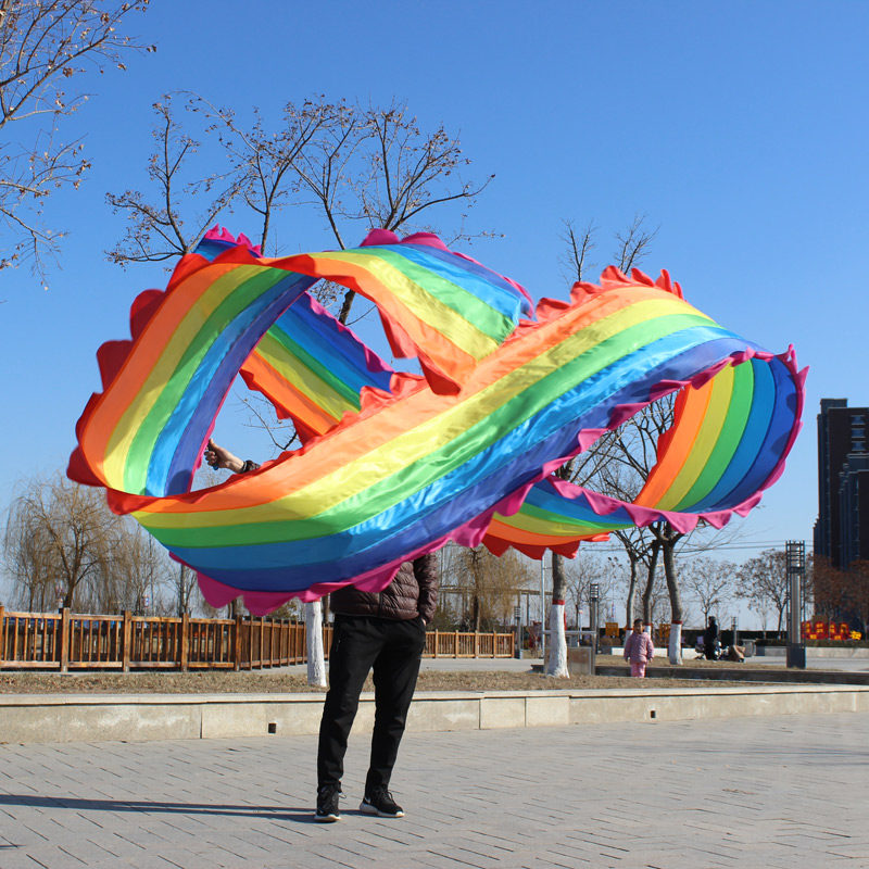 Rainbow ribbon stitching dance silk fitness ribbon with stick color silk square dance props colorful lace long silk throwing silk