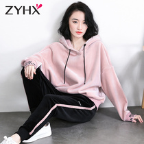 Free breathing plus velvet gold velvet suit womens winter fashion 2018 new sportswear casual sweater two-piece set