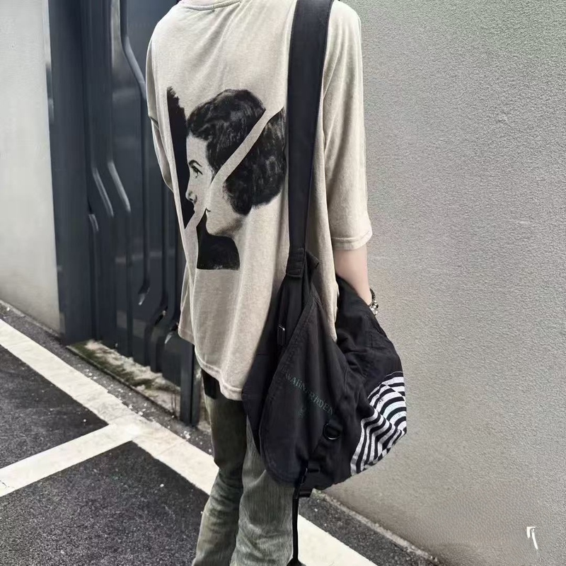 Street-Style Undercover Chemical-Style Portrait Short-Sleeve Pure Cotton Washed Screen-Printed T-Shirt