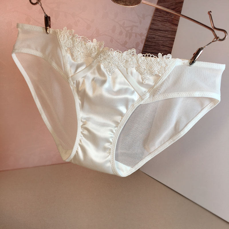 Japanese court embroidered satin texture women's transparent mesh breathable women's panties light mid-waist women's briefs