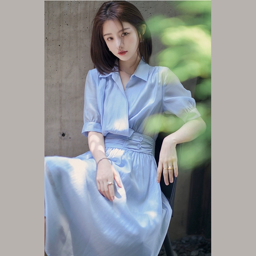 Летний приталенный ретро корсет, кремовая синяя рубашка, платье, изысканный стиль