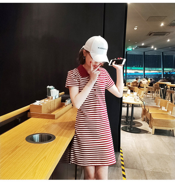 Summer casual mid-length short-sleeved skirt for women plus size slim striped POLO collar dress lapel right shoulder T-shirt skirt