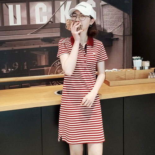 Летнее длинное платье, платье-футболка, средней длины, воротник поло, А-силуэт