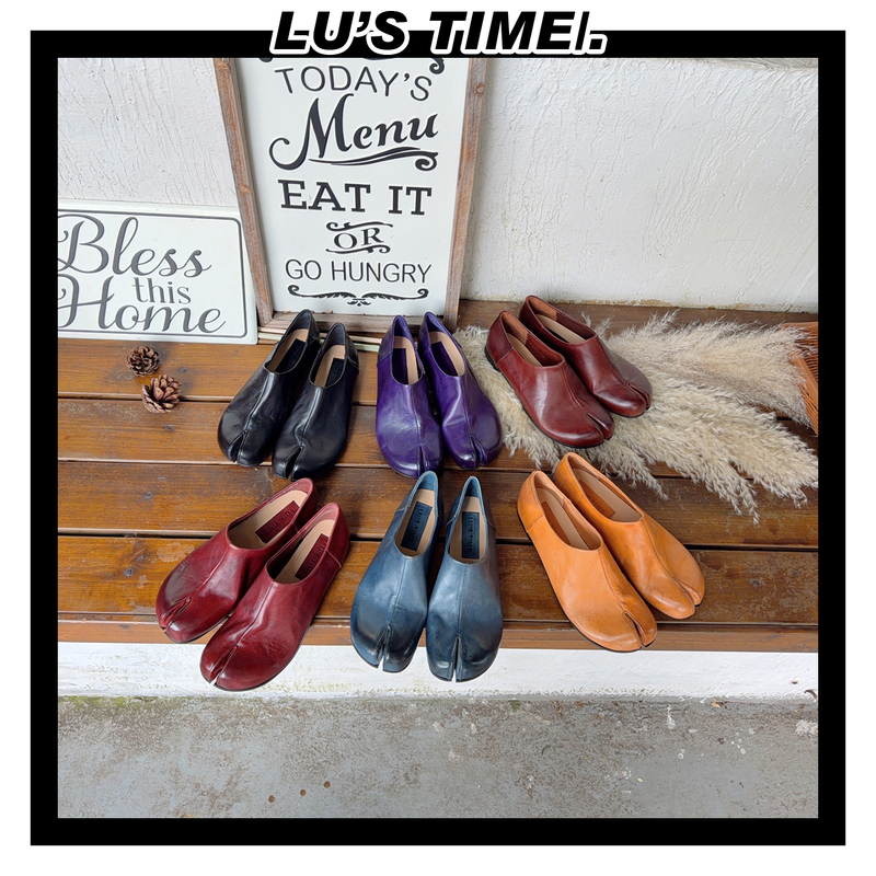 【Lu`S Time】Vintage Washed Horsehide Split-Toe Loafers for Women, Distressed Deep-Cut Niche Shoes