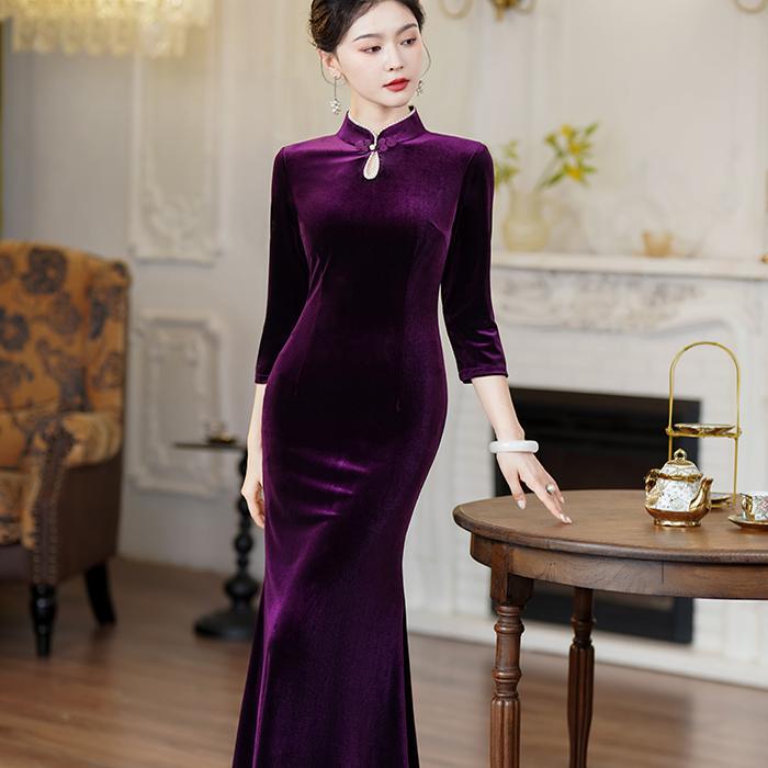 Purple Modernized Long-Sleeved Cheongsam New Style Dress for Wedding Banquet, New Chinese Style Mother-In-Law Wedding Dress, Mermaid Skirt Purple Modernized Long-Sleeved Cheongsam New Style Dress for Wedding Banquet, New Chinese Style Mother-In-Law Wedding Dress, Mermaid Skirt