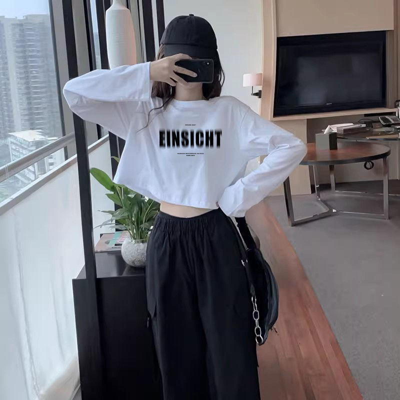 2025 Spring and Autumn White T-Shirt for Women ins Loose Korean Style Student Short Long-Sleeve Crop Top Best Friend Outfit Bm Top Trendy