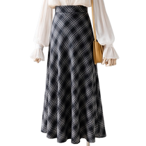 Black plaid skirt autumn and winter 2023 new high-waisted woolen skirt mid-length slim a-line umbrella skirt for women