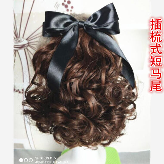 新款时尚蝴蝶结仿真发女假发发梳马尾片卷短款小波浪蓬松梨花款