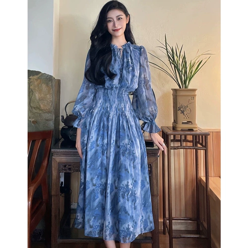 Платье, весенний приталенный лонгслив, корсет, юбка, в цветочек, французский стиль, премиум класс