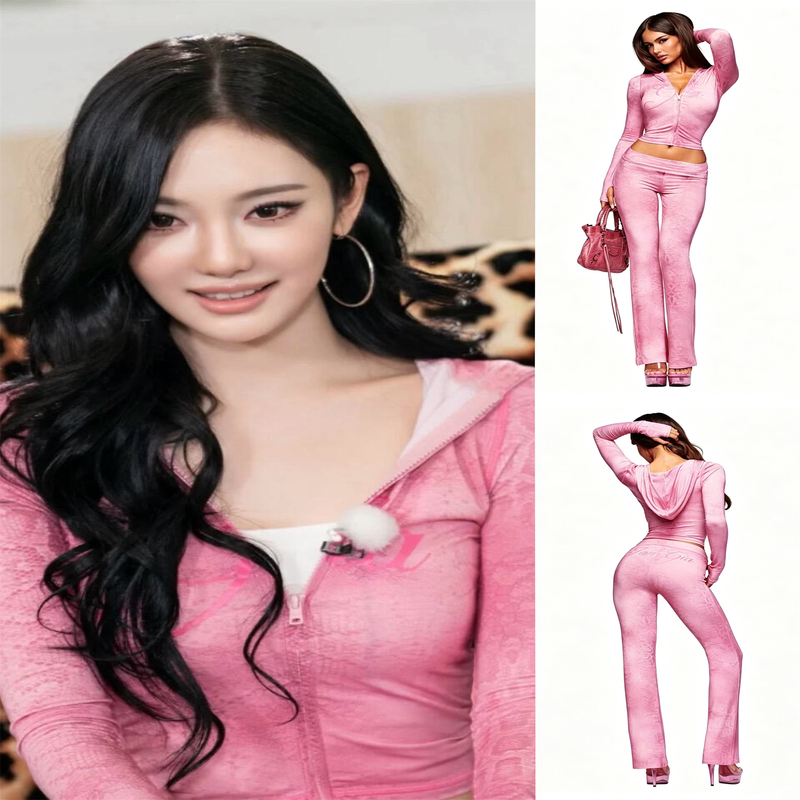 In Transit I.Am.Gia Ning Yizhuo's Same Style Light Pink Snake Print Zip-Up Hooded Top and Pants Blare Set