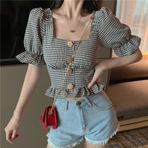 Summer Black-and-white Plaid Shirt Woman Retro Port Taste Winemaker Short Sleeve Design Sensation with little crowdblouse blouse foreign air 100 hitch