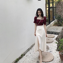 2021 medium long harbor wind sexy high waist open fork sexy display slim irregular white bag hip a word half body dress female summer