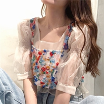 Elegant Retro Bubble Short Sleeve T-Shirt Woman Sunscreen Blouse External Wearing of Umbilical Color Flowers outside wearing harness laminated through summer