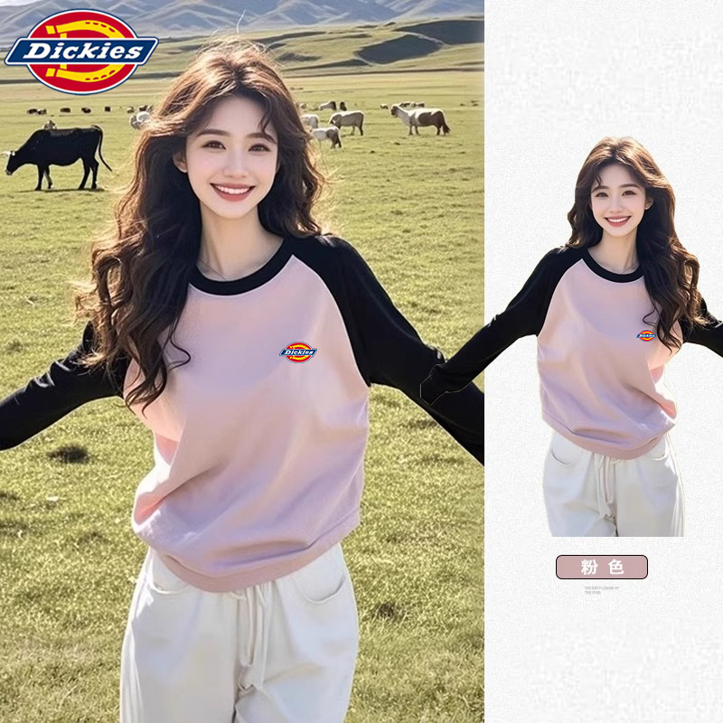 Dickies Pink Raglan Long-Sleeve T-Shirt for Women, 26 New Styles for Spring and Autumn, Loose and Versatile, Stylish American Casual Top