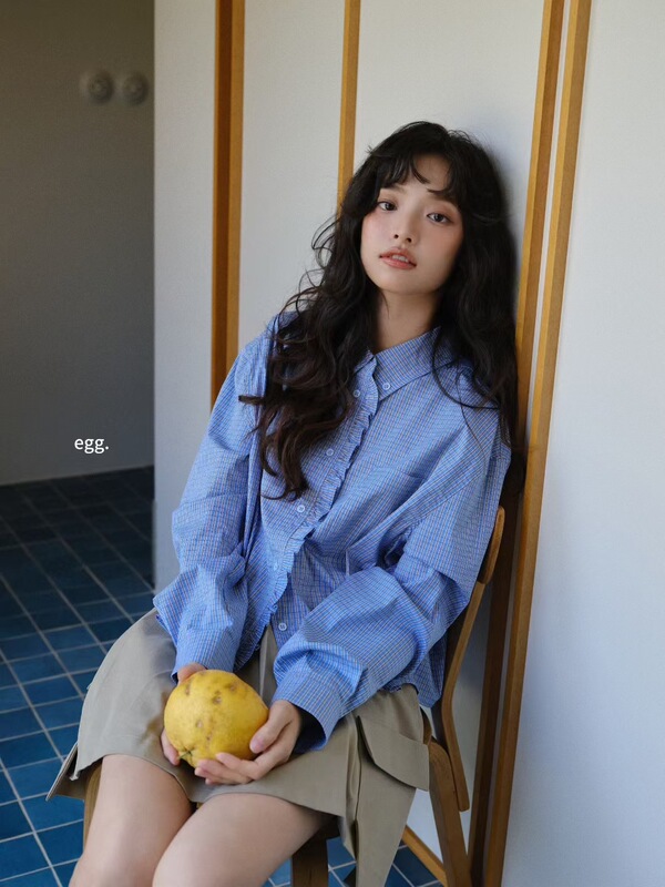 Early Autumn Outfits! Egg Genuine Korean-Style Ruffled Edge Versatile Youthful Plaid Shirt Top for Petite Sizes Early Autumn Outfits! Egg Genuine Korean-Style Ruffled Edge Versatile Youthful Plaid Shirt Top for Petite Sizes
