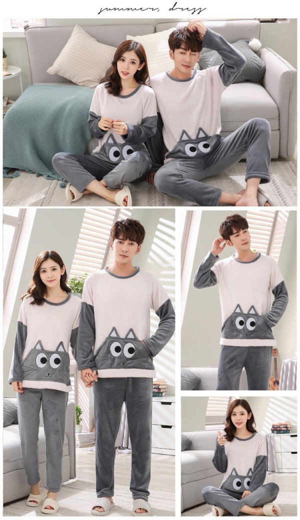 Cặp đôi đồ ngủ mùa thu và mùa đông dày flannel đồ ngủ nam và nữ phim hoạt hình ấm áp phù hợp với tay áo dài san hô lông cừu dịch vụ nhà bộ quân áo ngủ nam