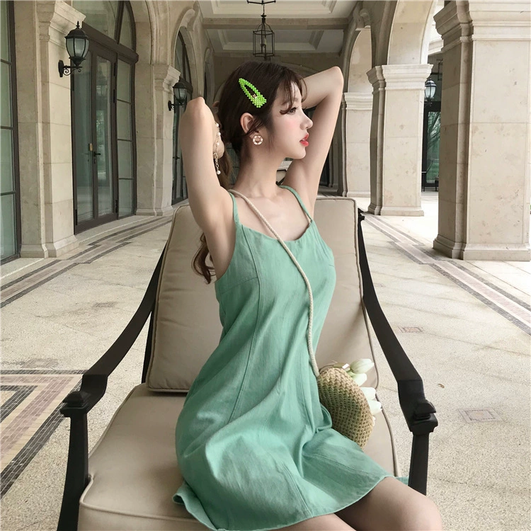 [Với Enjun 8405] Phiên bản phổ biến của phụ nữ Hàn Quốc của chiếc váy ngắn Slim A chữ sling denim mùa hè 2019 - A-Line Váy váy kẻ caro dáng chữ a